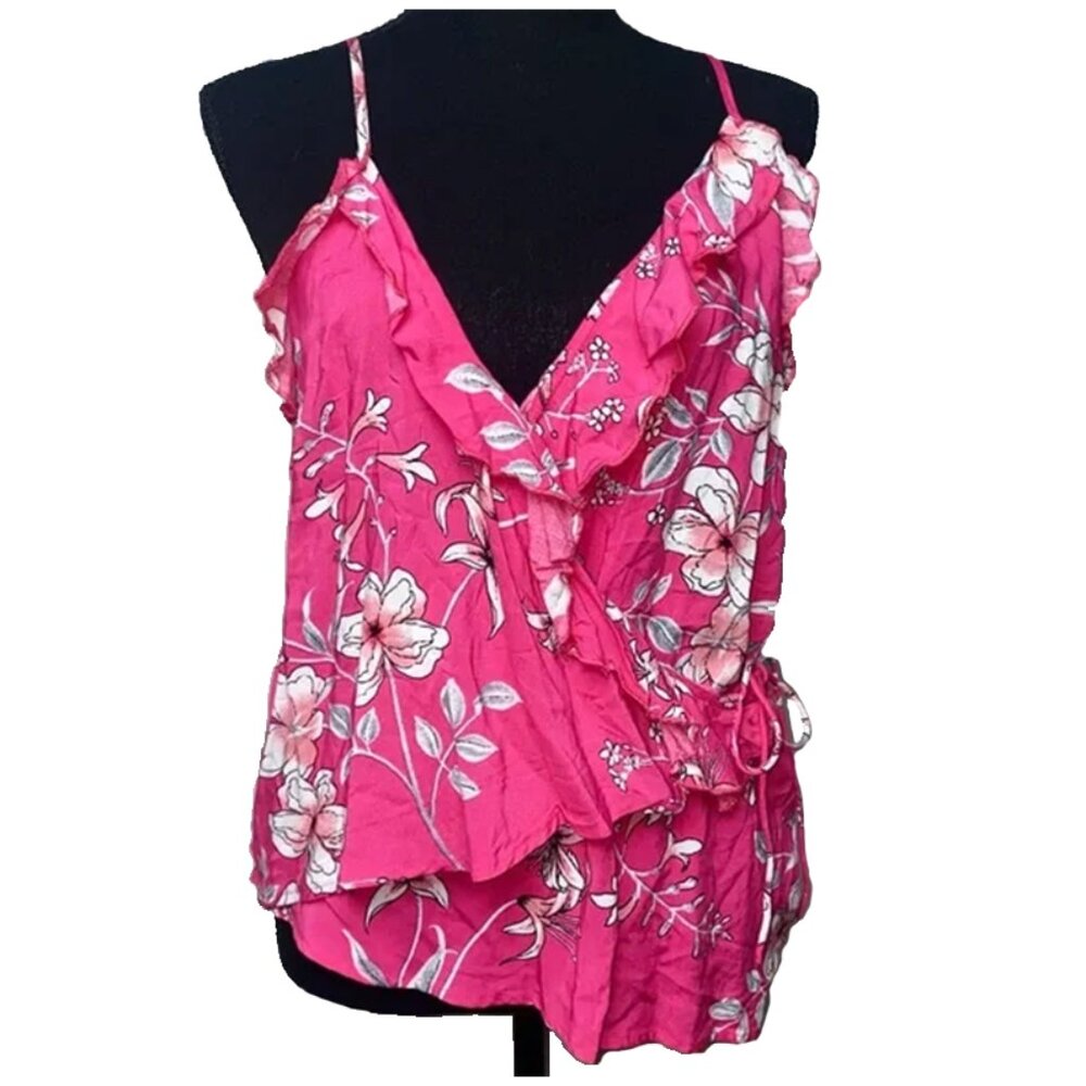 Love J Floral Pink Ruffle‎ Wrap Tank Top Women’s Large